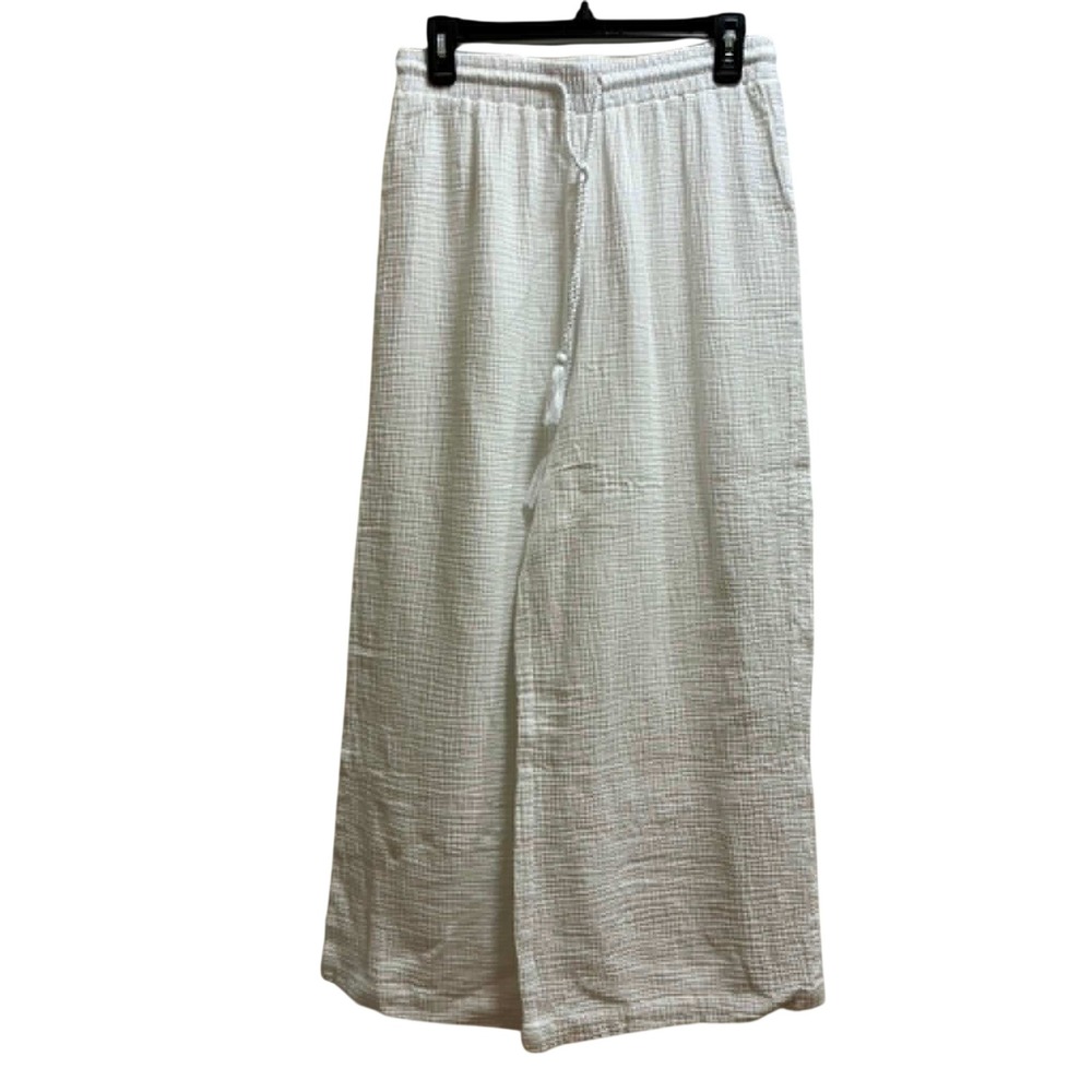 C&C California Gauze Pants Womens L White Cotton Wide Leg Tassel Boho Coastal